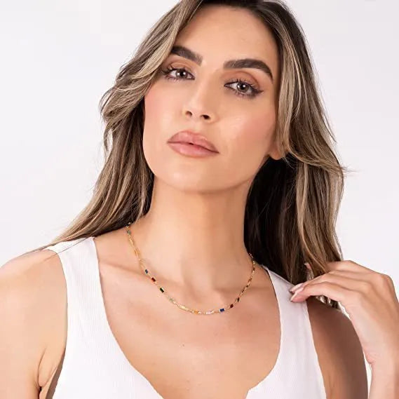 Ladies geometric crystal necklace with coloured glaze pendant on an alloy chain.
