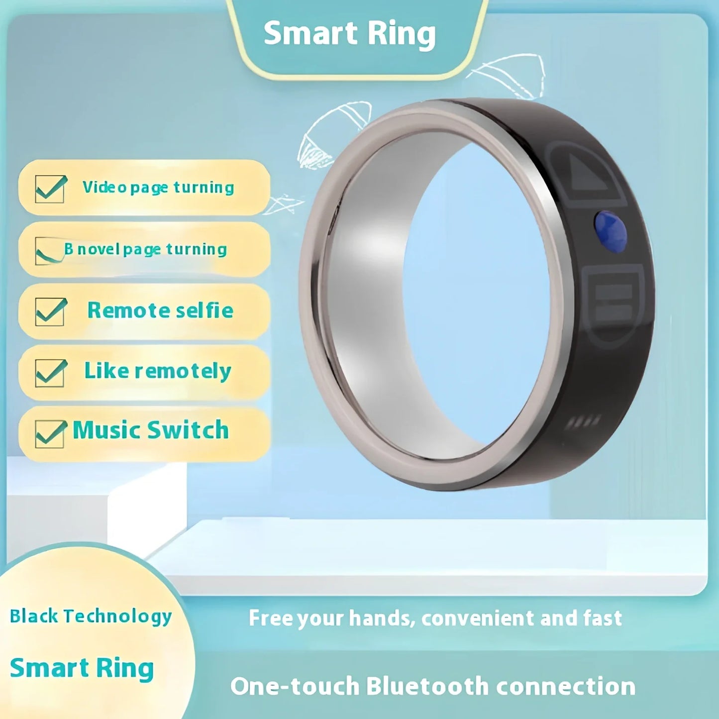 Smart Bluetooth ring wearable device showing seven size options from 52mm to 75mm circumference with NFC function