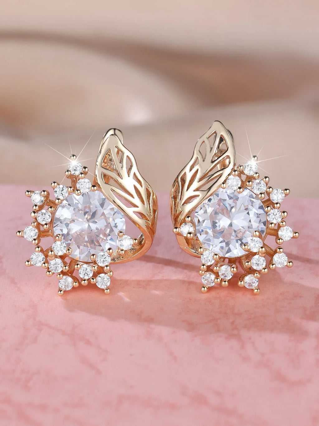 Round flowers feather zircon earrings with electroplated champagne gold finish and colourful diamond accents