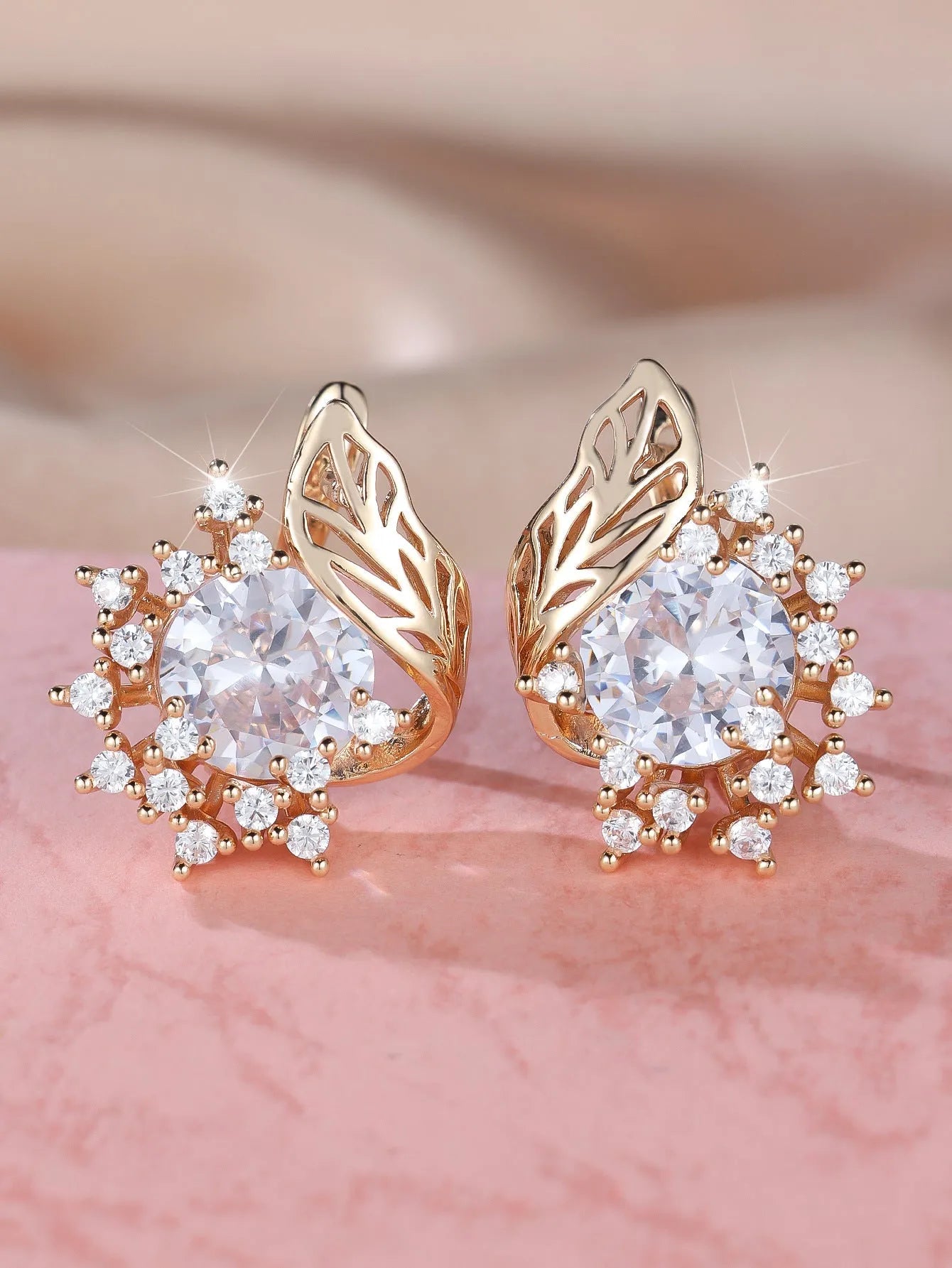 Round flowers feather zircon earrings with electroplated champagne gold finish and colourful diamond accents