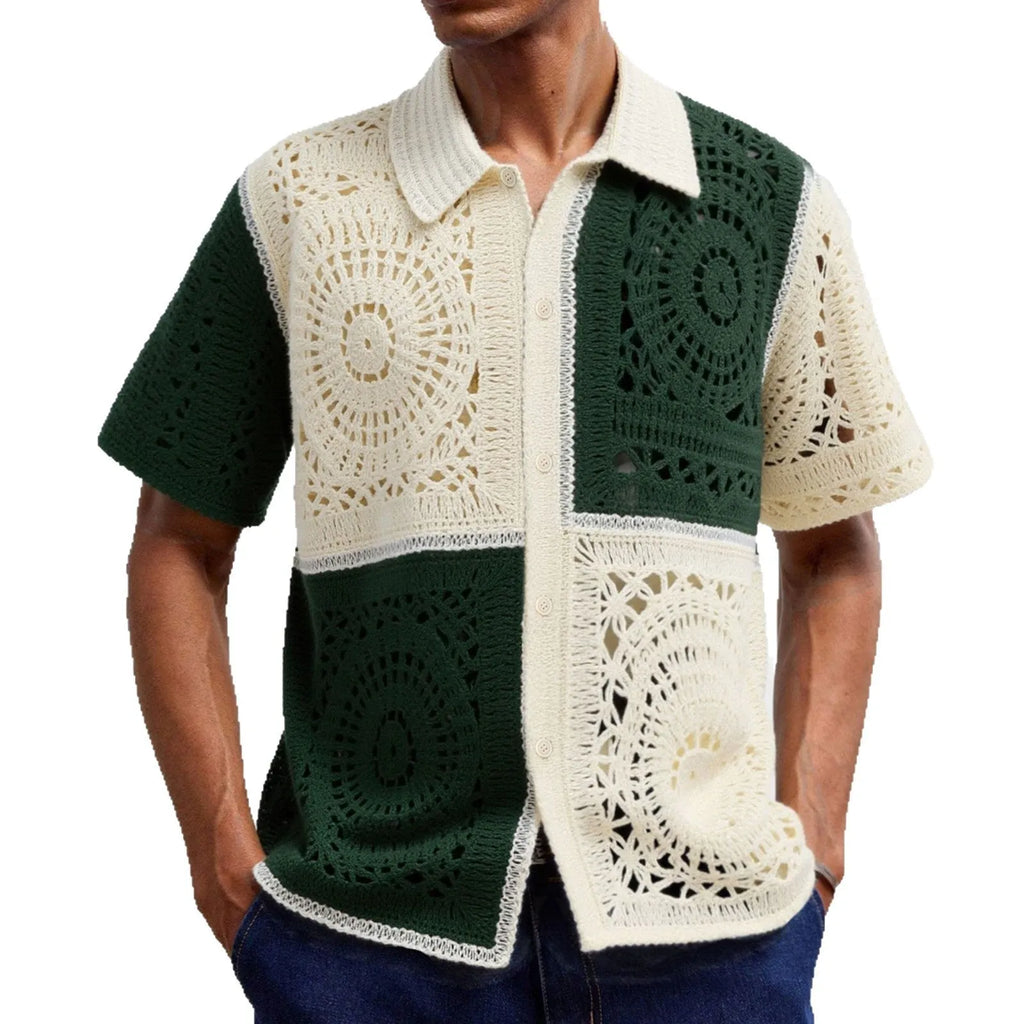 Men's beige colourblock knitted shirt with short sleeves and flocking detail
