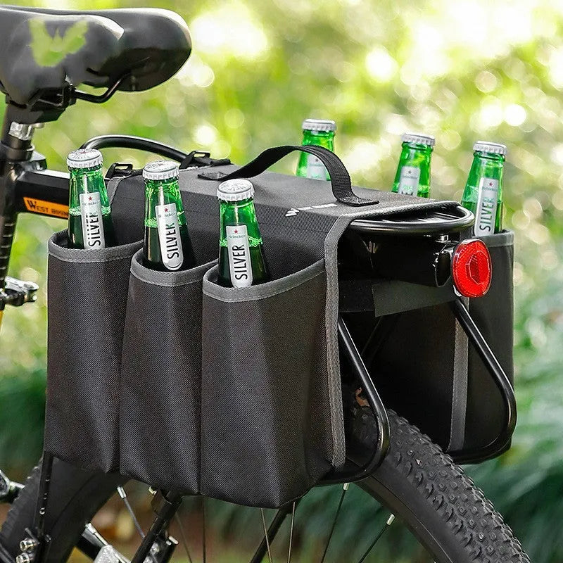 Black and orange bicycle handlebar drink bag with 2-litre capacity and anti-scratch design.