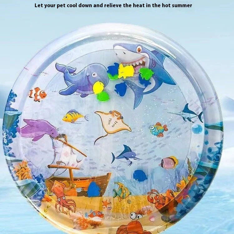 Chilled pet cooling water mat with ocean-themed designs for dogs and cats to stay cool and comfortable in summer