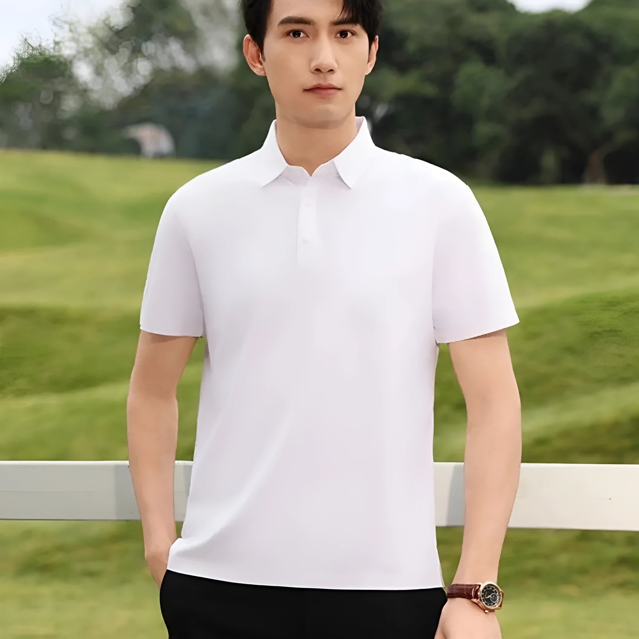 Men's solid colour slim fit short sleeve t-shirt with seamless lapel on a hanger.