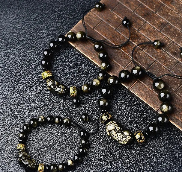 Hand-woven golden obsidian Pi Xiu bracelet with Chinese zodiac design