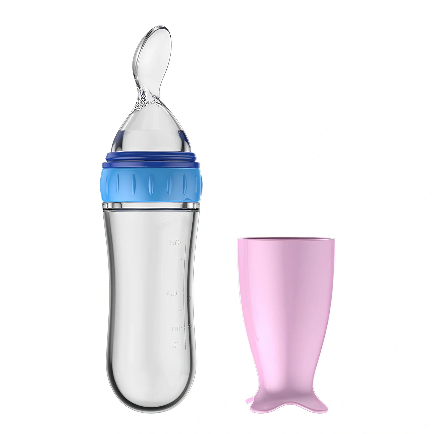 Blue baby spoon bottle feeder, 120ml capacity, food-grade silicone and PP, for 3 months semi-liquid feeding