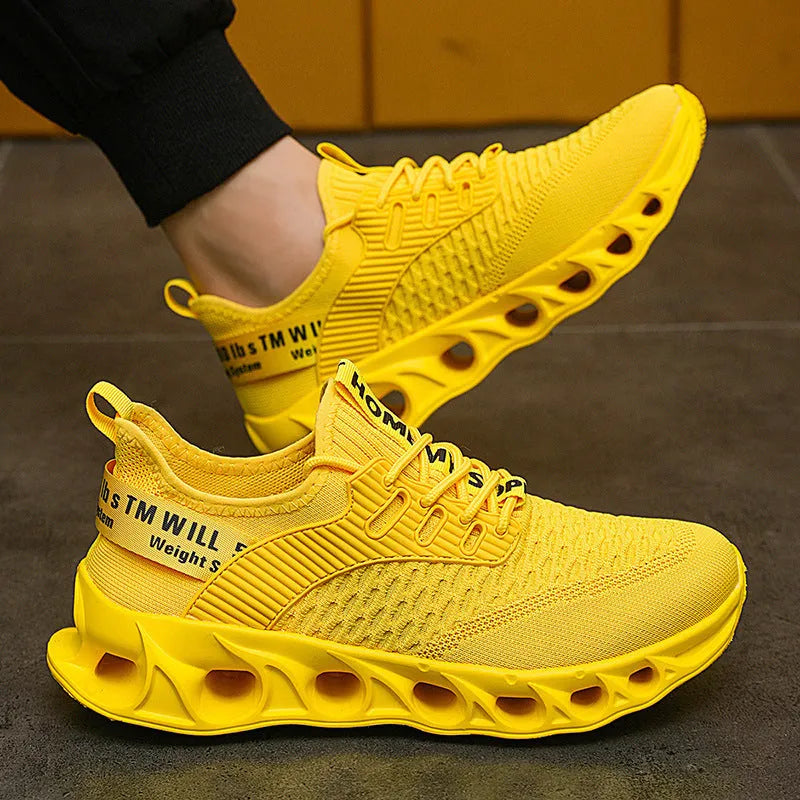 Large size fly woven mesh casual running shoes in multiple colours with fabric upper and lace-up closure