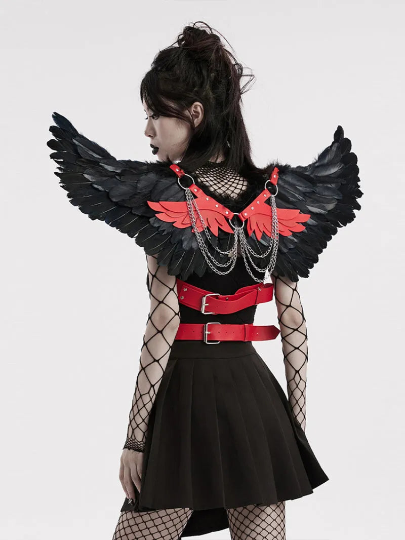 Punk style feather wings strap accessories in black, pink, and red with 75cm wing length