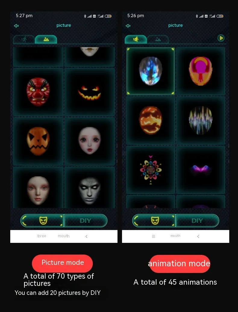 LED luminous face changing mask with colourful display and pre-cut eyeholes