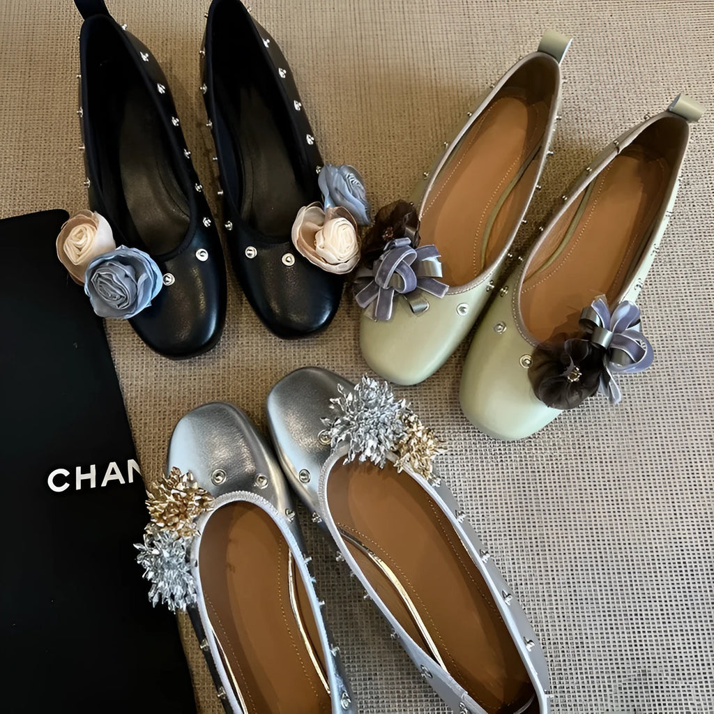 Sheepskin DIY Mary Jane shoes with buckle, flat rubber sole, in silver, black, or green for adding flower rivets.