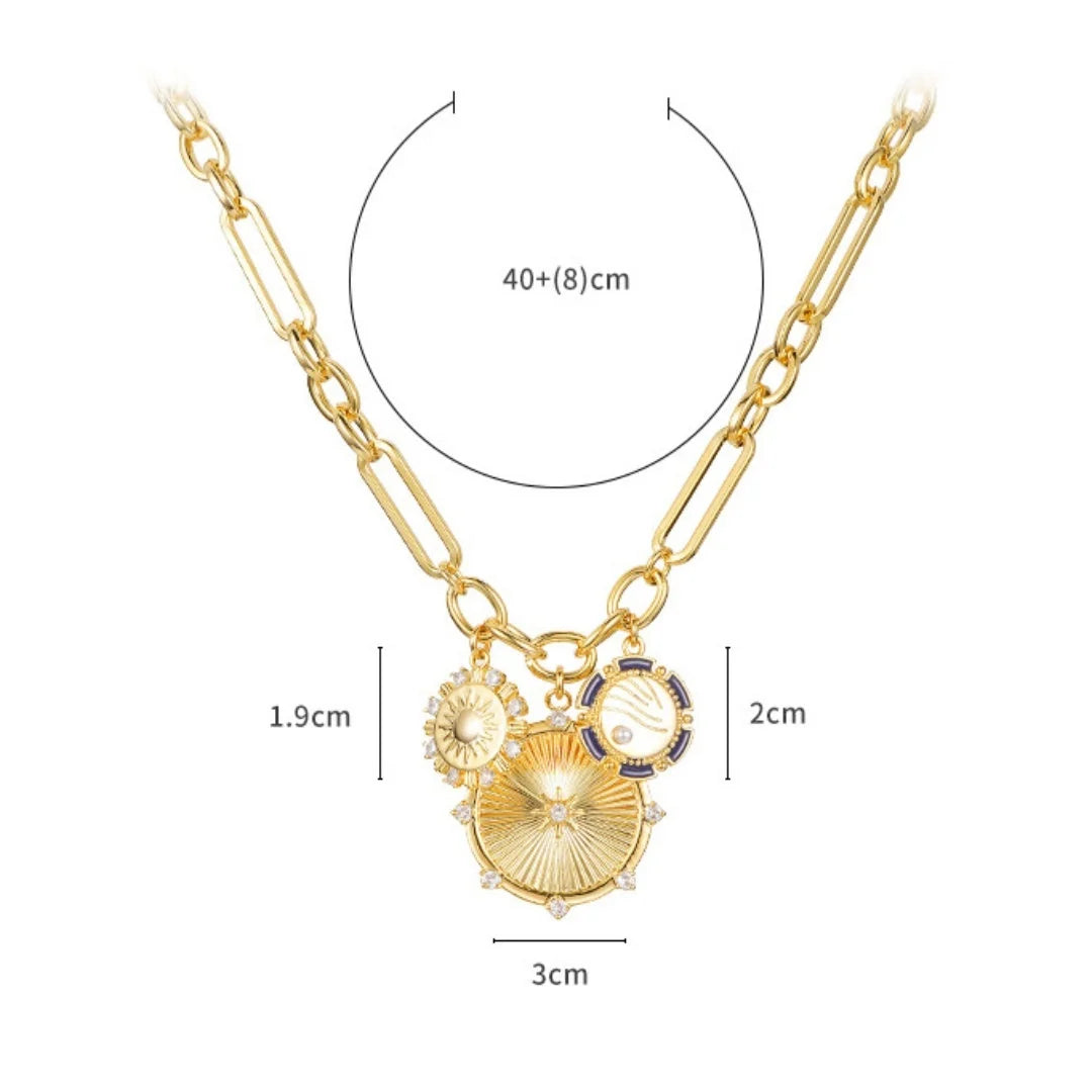 Gold sun pendant necklace with stainless steel chain, adjustable length 41cm to 50cm