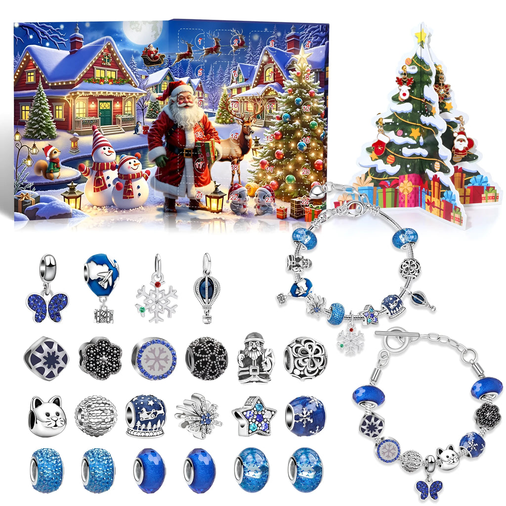 24 grid Christmas advent calendar countdown set with zinc alloy frame and bracelet blind box in blue colour