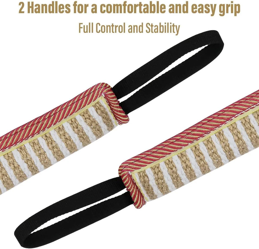 Beige jute dog tug toy with two fabric handles for interactive tug-of-war games.