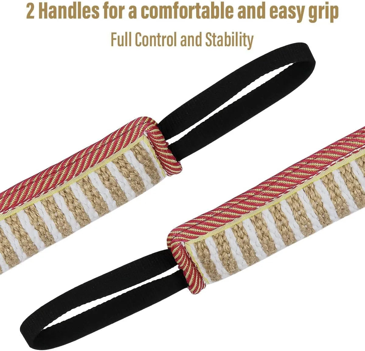 Beige jute dog tug toy with two fabric handles for interactive tug-of-war games.