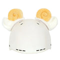 Plush fabric cartoon character decorative cover on a ski helmet.