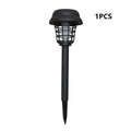 Small white and purple solar-powered mosquito killer lamp for outdoor garden and camping use.
