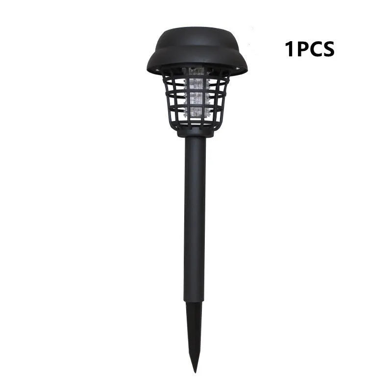 Small white and purple solar-powered mosquito killer lamp for outdoor garden and camping use.