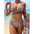 Women's three-piece swimsuit with cross bandage design and high waist in multiple colour options
