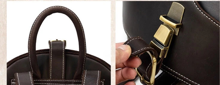 Vintage leather backpack in dark brown and black with multiple pockets