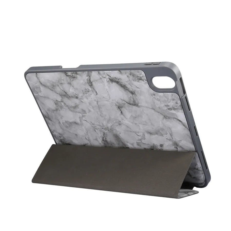 Tri-fold marbling print imitation leather iPad case with a built-in pen slot, shown in dark gray.