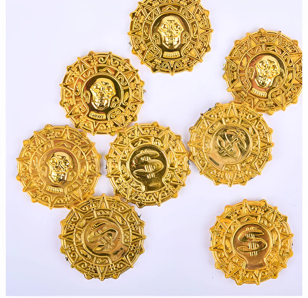 Plastic pirate gold coin toy with pointed tip measuring 3.6cm diameter