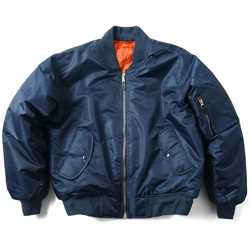 Men's loose fit nylon pilot jacket in Army Green shown on a hanger.
