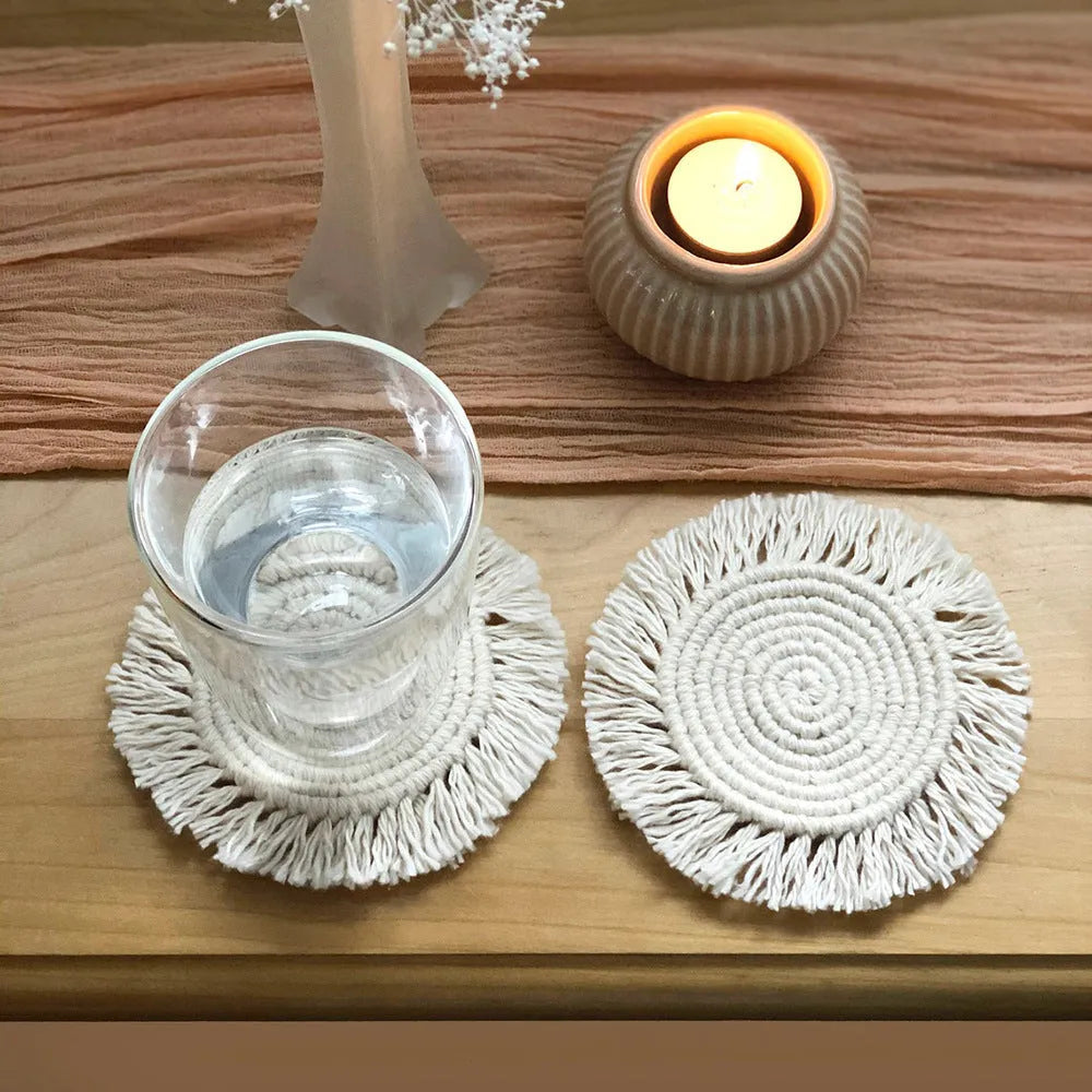 Hand-woven round beige cotton string coaster on a wooden surface, 15x15cm size option
