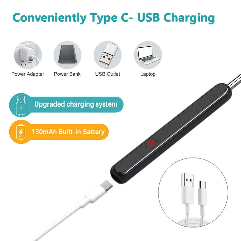 Natfire NE3 wireless otoscope ear cleaner with camera, charging cable, and spoon heads on a white background.
