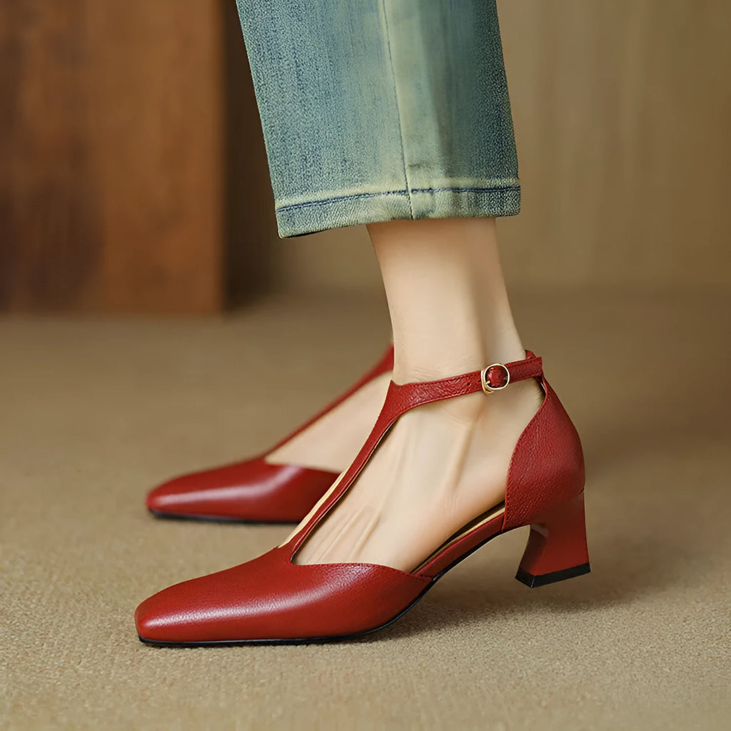 Wine red sheepskin leather shoes with square toe, chunky heel, and buckle fastening