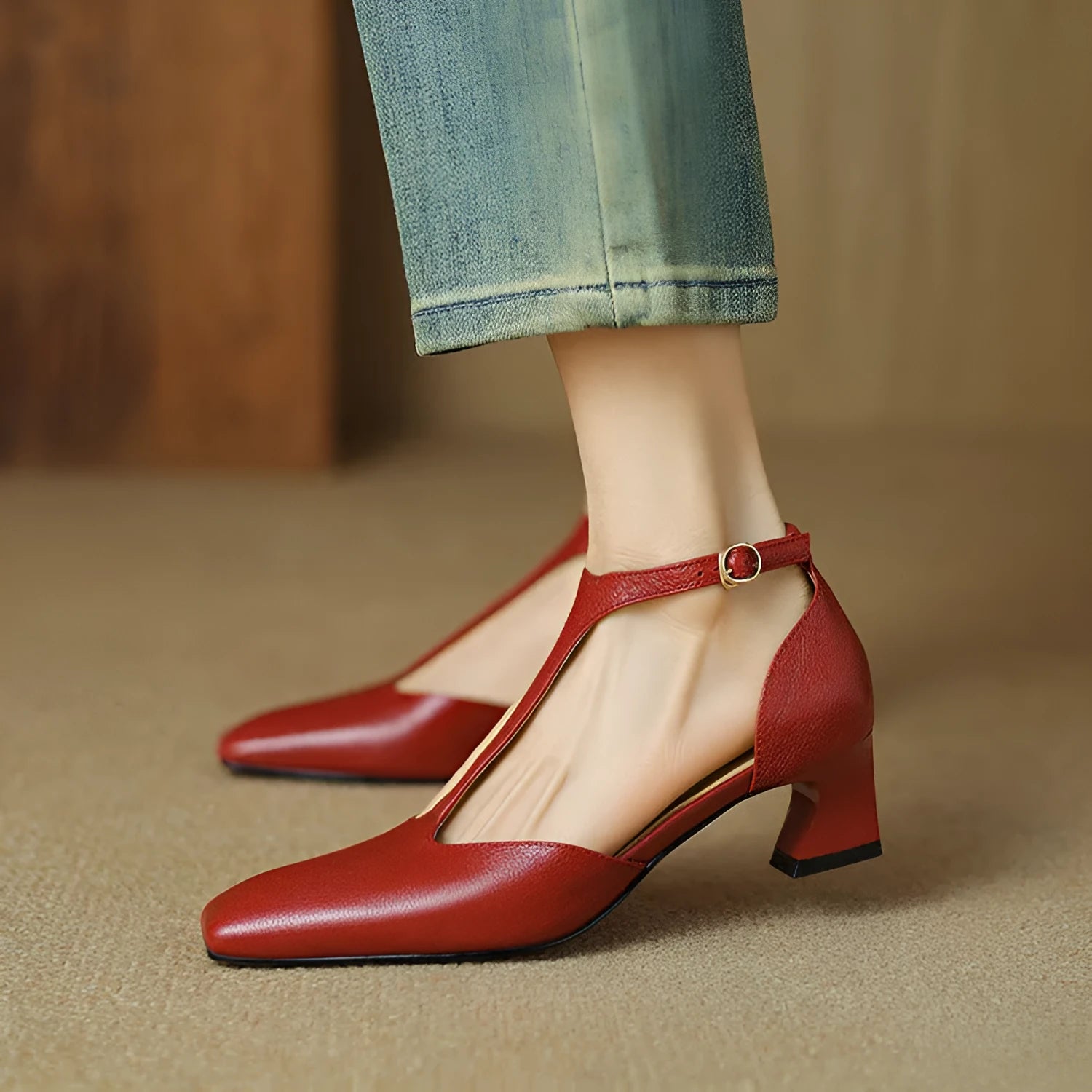 Wine red sheepskin leather shoes with square toe, chunky heel, and buckle fastening