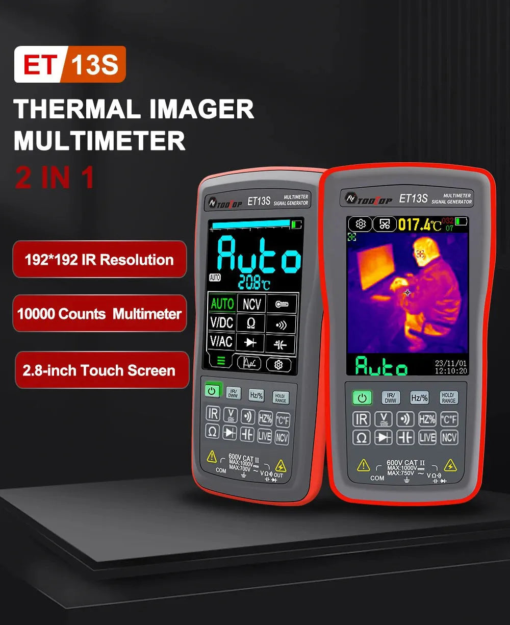 ET13S thermal imaging multimeter with 2.8-inch touchscreen display showing thermal pattern