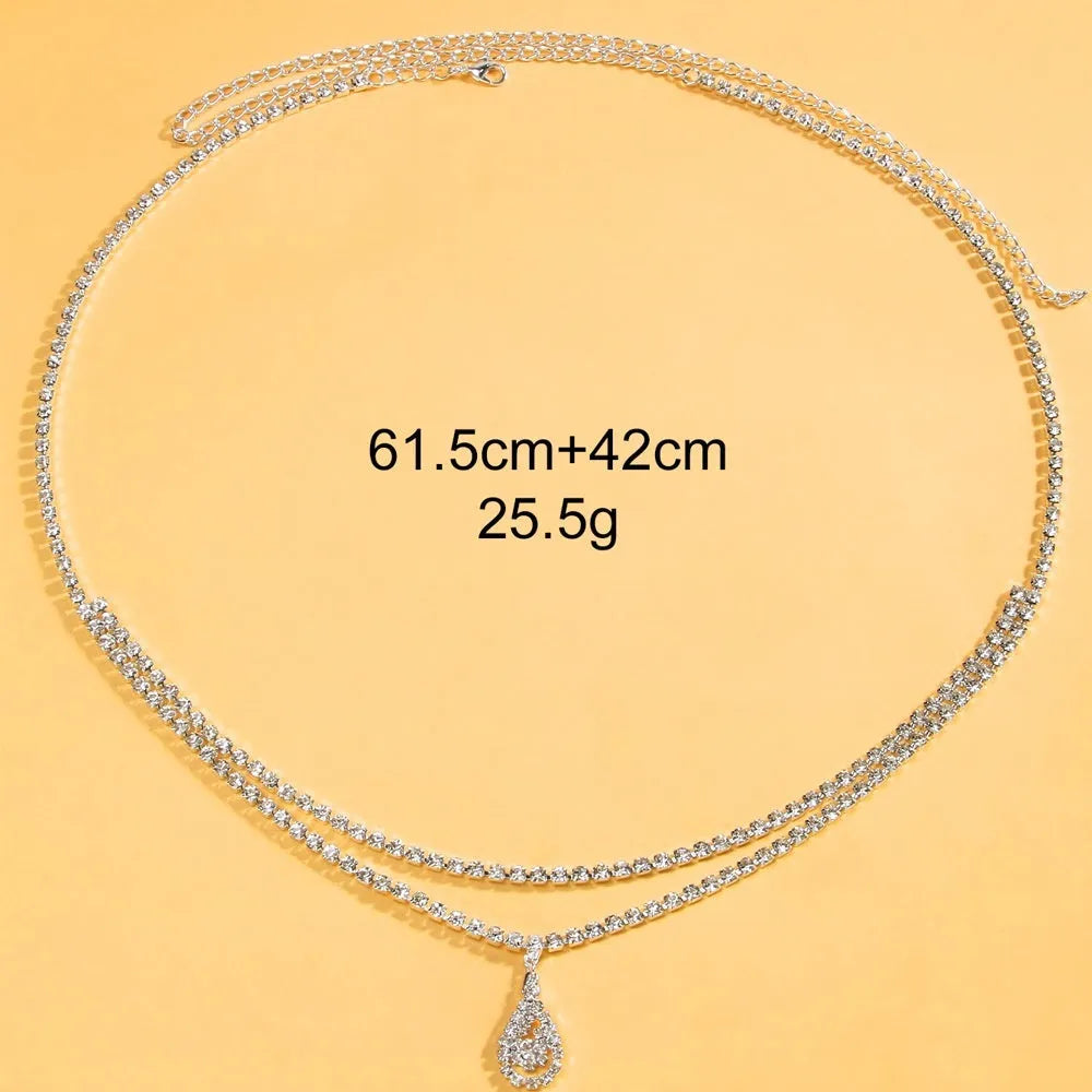 Gold or silver water drop pendant waist chain with 115cm length and lobster clasp fastening