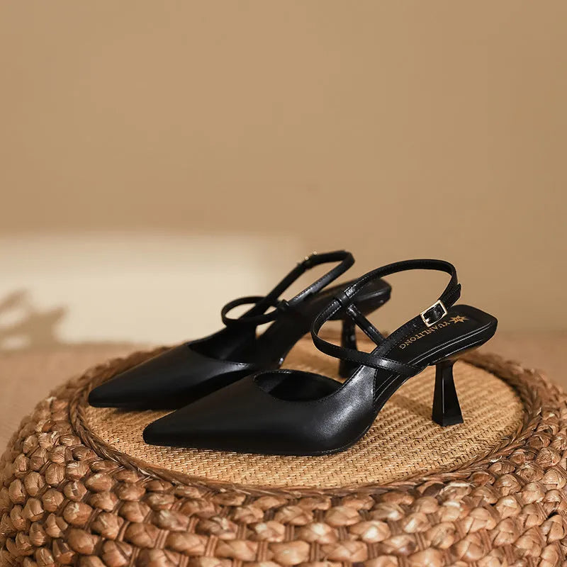 Spring women's pointed stiletto pump sandals in solid colour with rubber sole and imitation sheepskin lining, shown in apricot