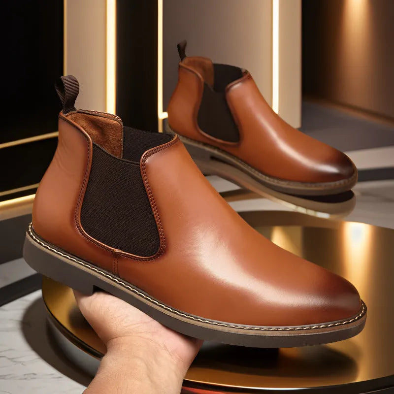 Men's black plus-size casual boots with a square heel and middle calf length design.