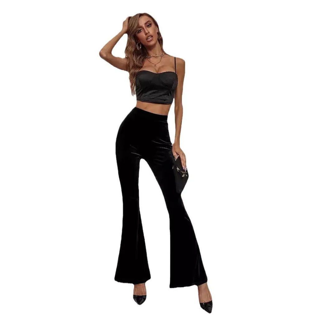 Black high-waist flared corduroy trousers for women with slim fit and slightly elastic fabric