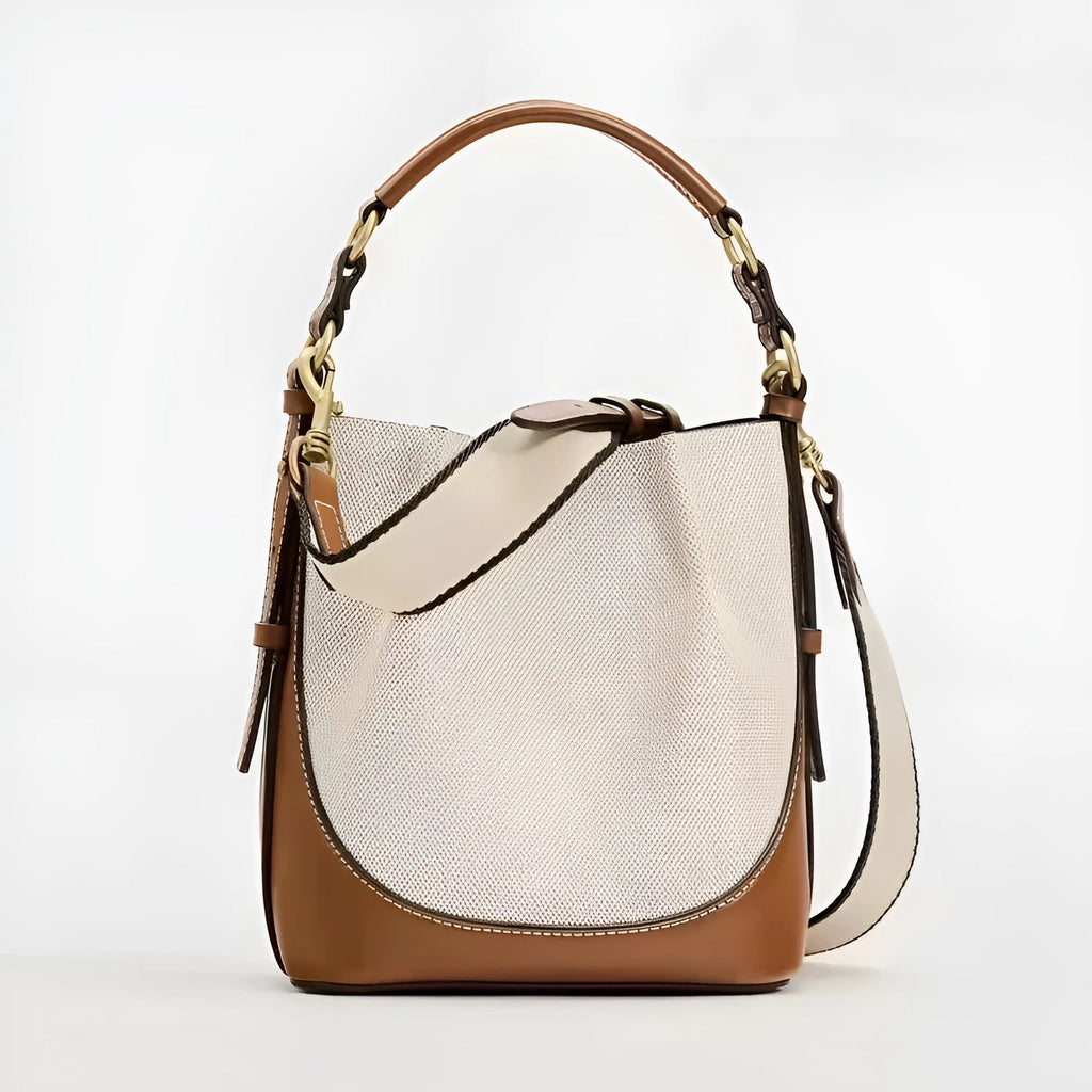 Fashion drawstring canvas contrast colour casual one-shoulder bucket bag in black with PU lining and double straps
