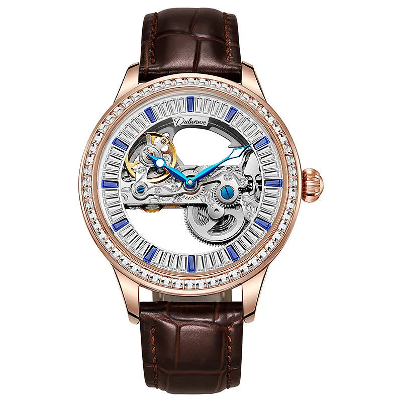 Men's luxury zircon mechanical watch on wrist with rose gold stainless steel strap.