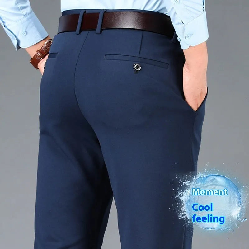 Men's black straight-leg suit trousers with an elastic waistband on a hanger.