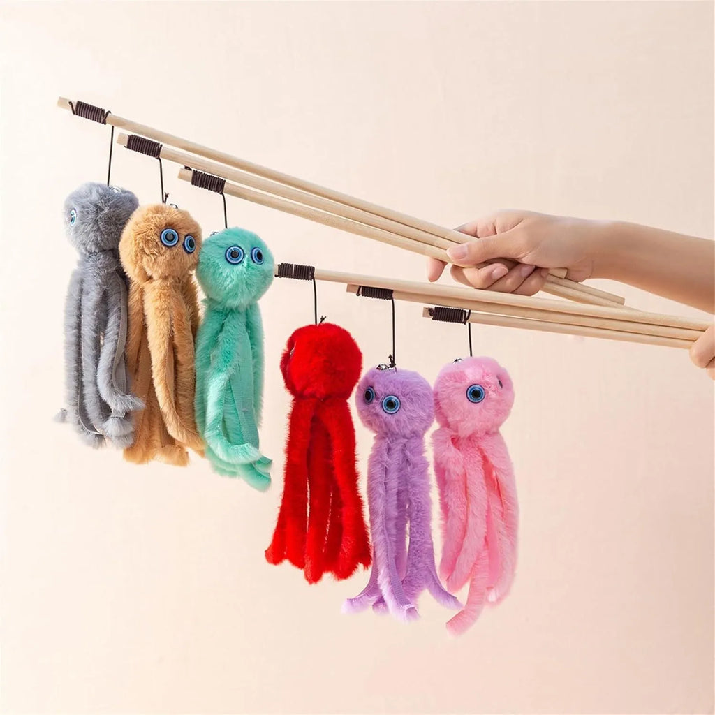 Furry octopus cat toy with eyes on a 40cm flexible stick in grey, pink, purple or red colours