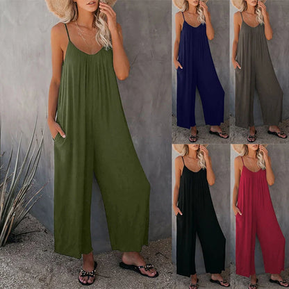 Women's sleeveless cotton blend jumpsuit with pockets, available in multiple colours