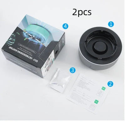 Stylish car ashtray with built-in air purifier for eliminating smoke and odors, featuring a compact, portable design and powerful 3600 RPM fan system.