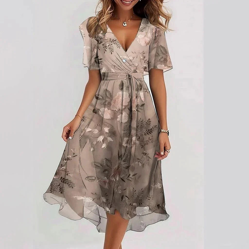 Chiffon printed short sleeve dress with V-neck for summer in various colours