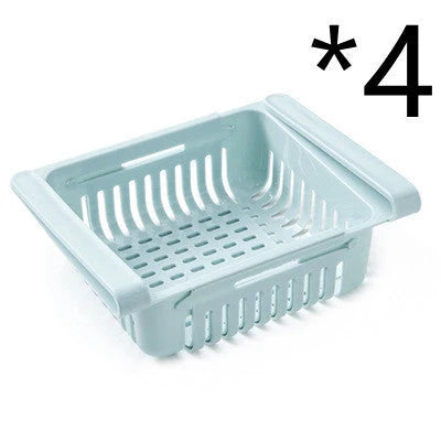 Stretchable refrigerator storage basket in white, blue, pink, and apricot colours