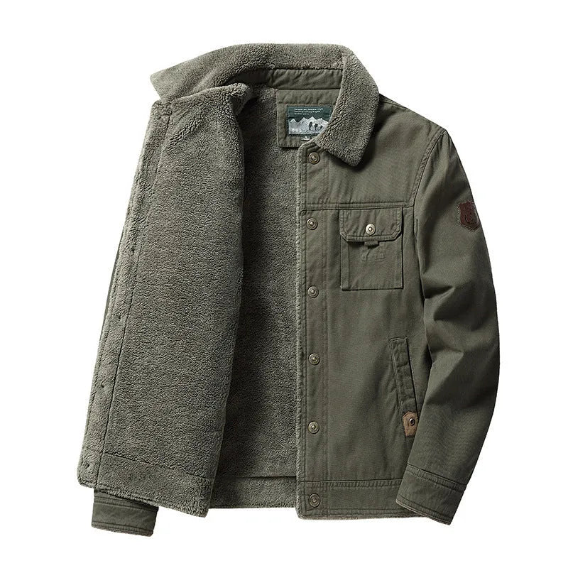 Men's fleece-lined cotton polo collar jacket in army green with regular fit