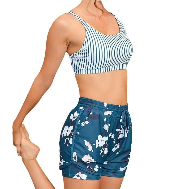 Striped printed strap bikini women's swimsuit set polyester high-elasticity briefs style S to 2XL