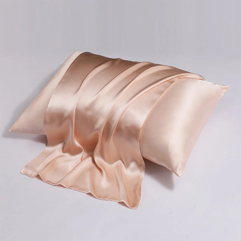 Silk zipper pillowcase in a choice of colours including baby blue and wine red, showing double-sided design.