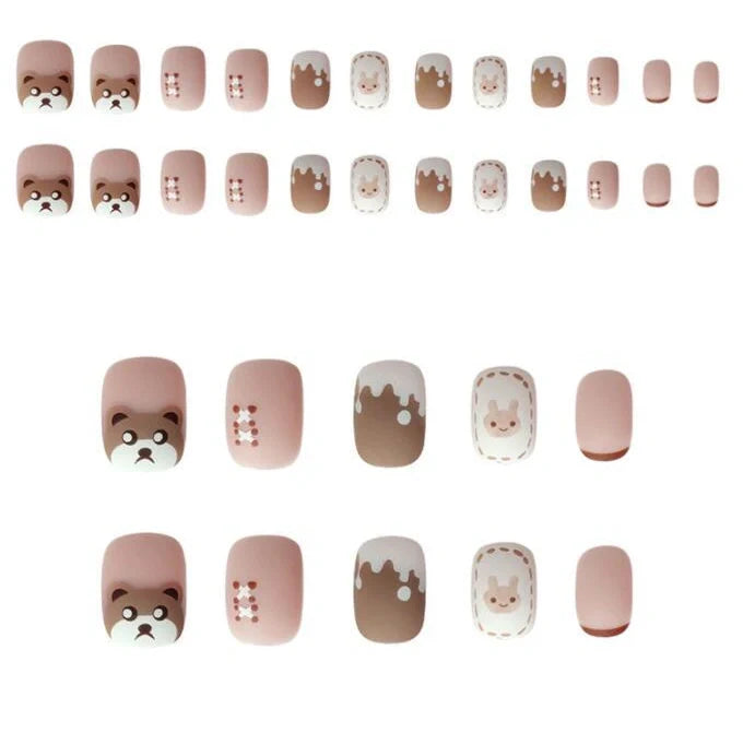 Coffee milk bear design nail patches size 0-9 with adhesive glue tube
