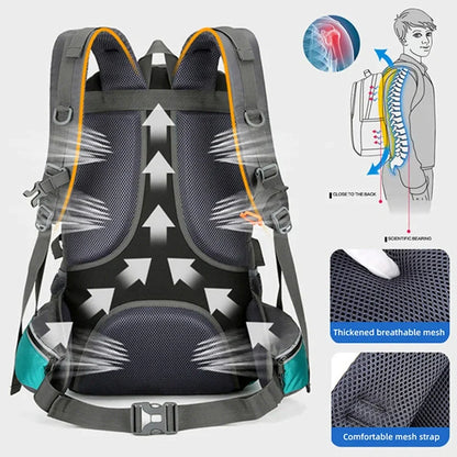 Black 50-litre fishing backpack with multiple compartments and external attachment points for fishing rods