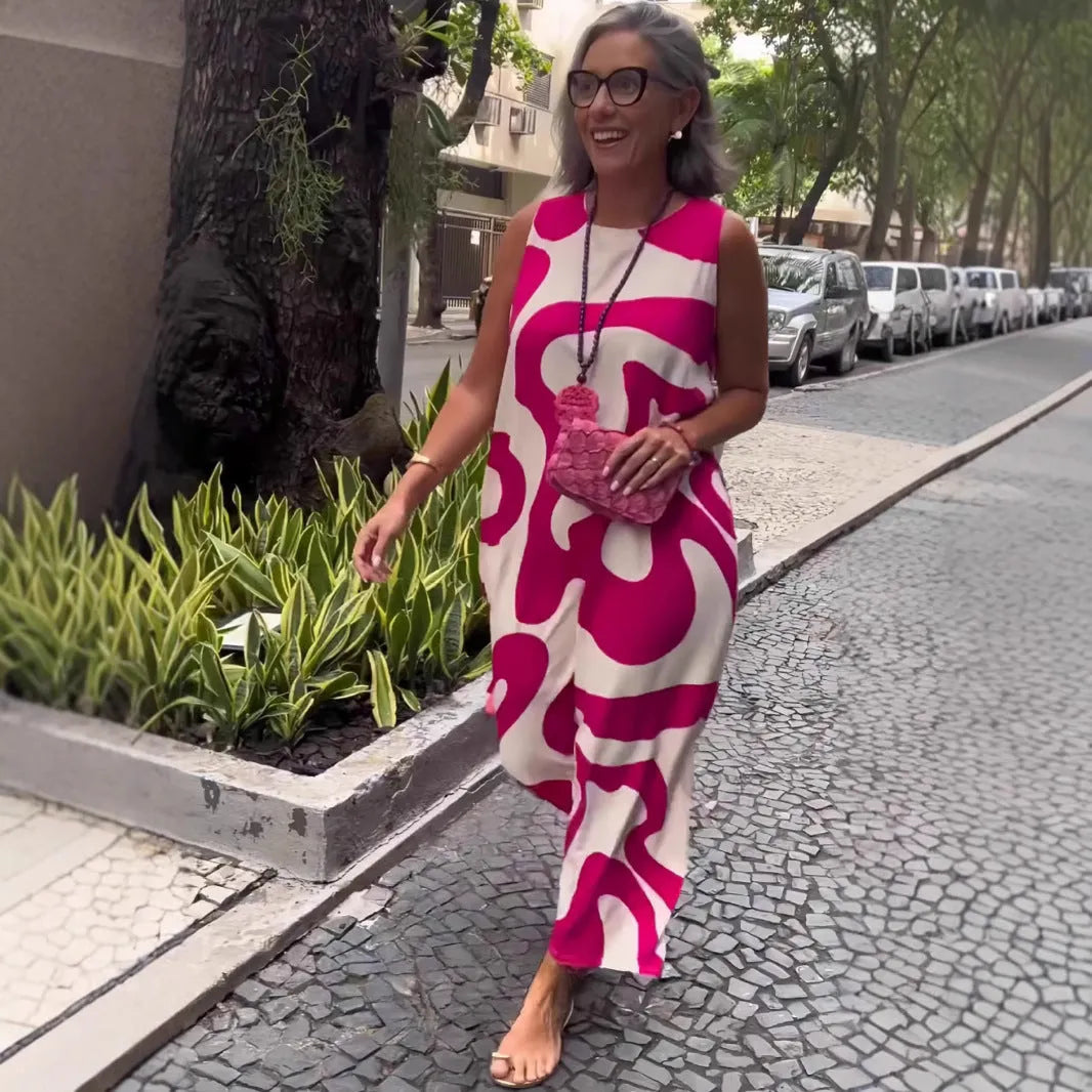 V-neck printed sleeveless A-line dress in Rose Red with abstract pattern, suitable for commuting and casual wear