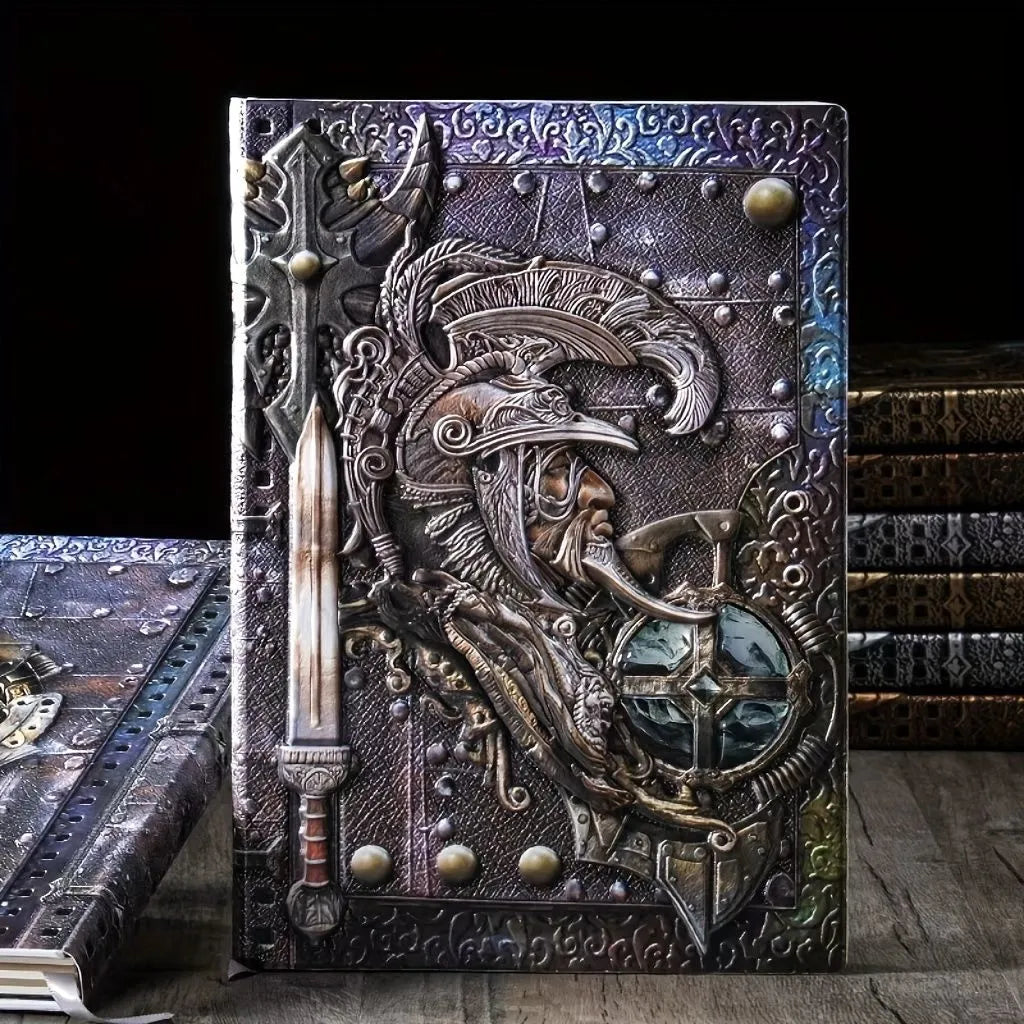 Handmade leather A5 notebook with embossed 3D Warriors relief design, shown open.